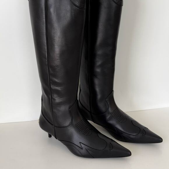 Anine Bing Rae Tall Leather Boots Kitten Heel Western Black 40 (US 10) - Picture 5 of 16